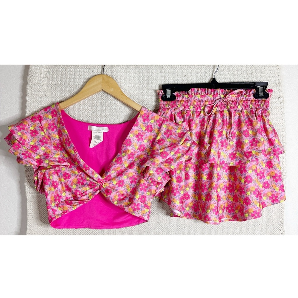 LOVESHACKFANCY pink floral ruffled crop top and skirt two-piece set S